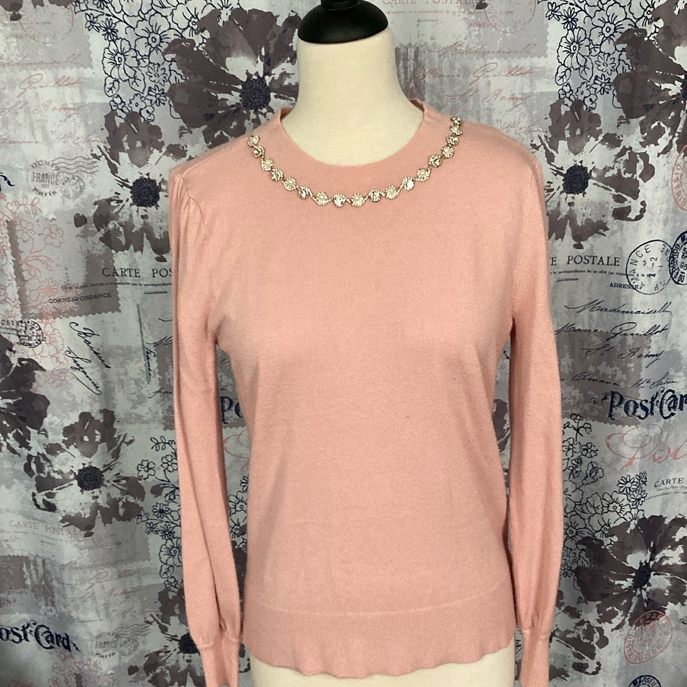 Liz Claiborne Pink Crew Neck Sweater with Elegant Embellishments